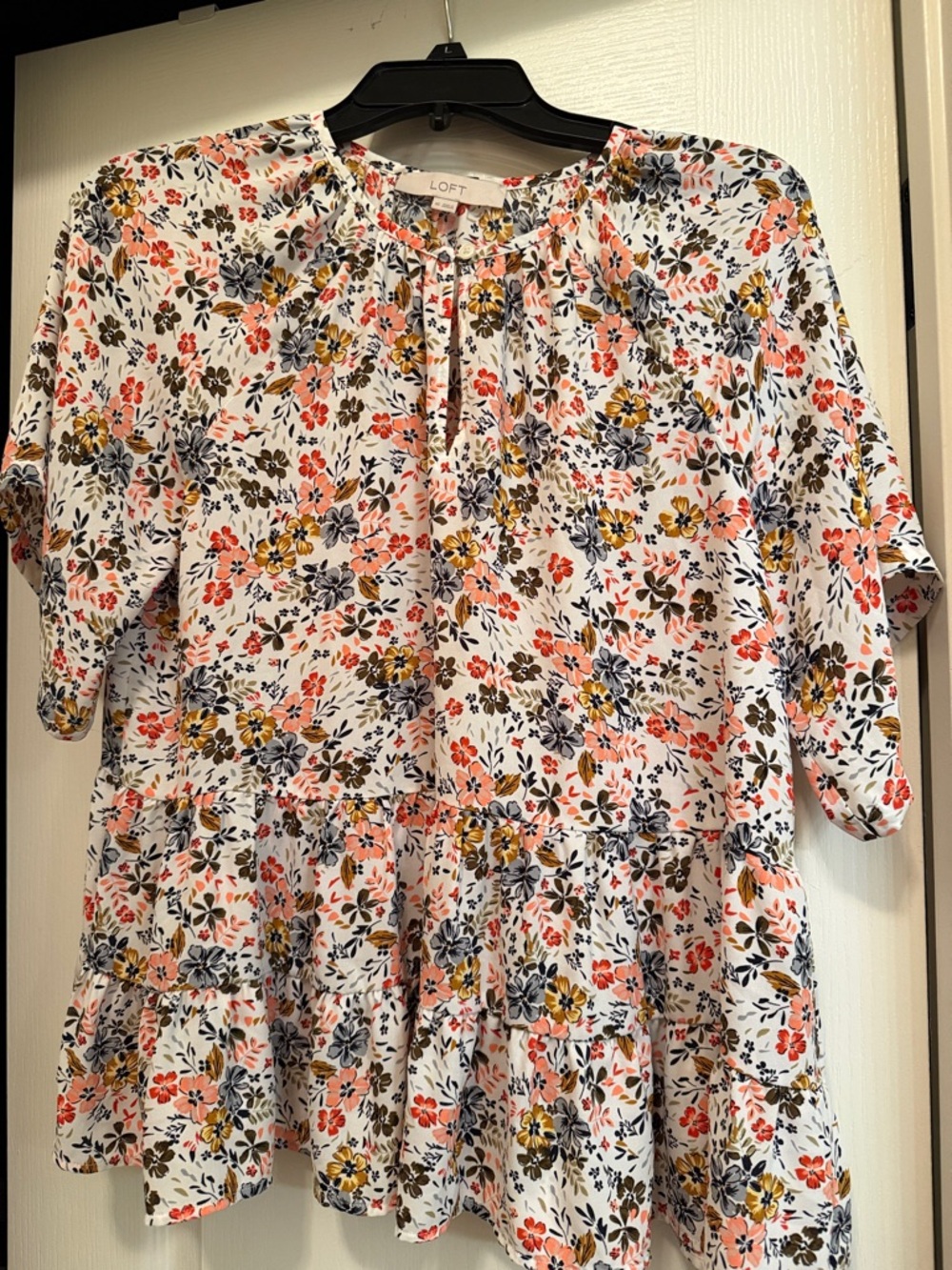 LOFT White Floral Ruffled Peplum Top with Coral, Mustard & Navy